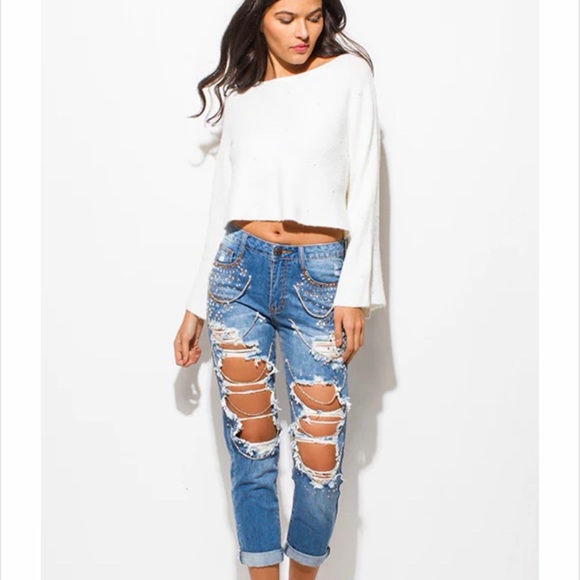 Distressed Rinestone Boyfriend Jeans - Picture 4 of 4